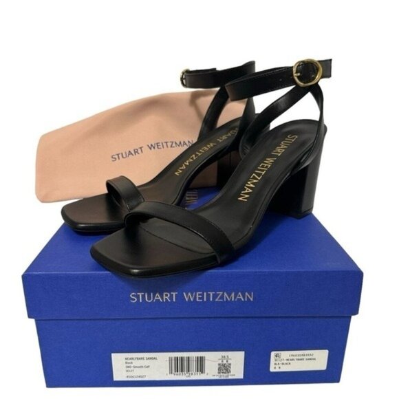 NEW IN BOX Stuart Weitzman Nearlybare Black Sandals Smooth Calf Leather Size 8 - Picture 1 of 14